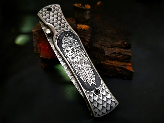 Hand Carved Native American Theme Damascus Steel Folding Pocket Knife