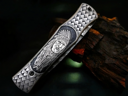 Hand Carved Native American Theme Damascus Steel Folding Pocket Knife - Viking Blade Crafts