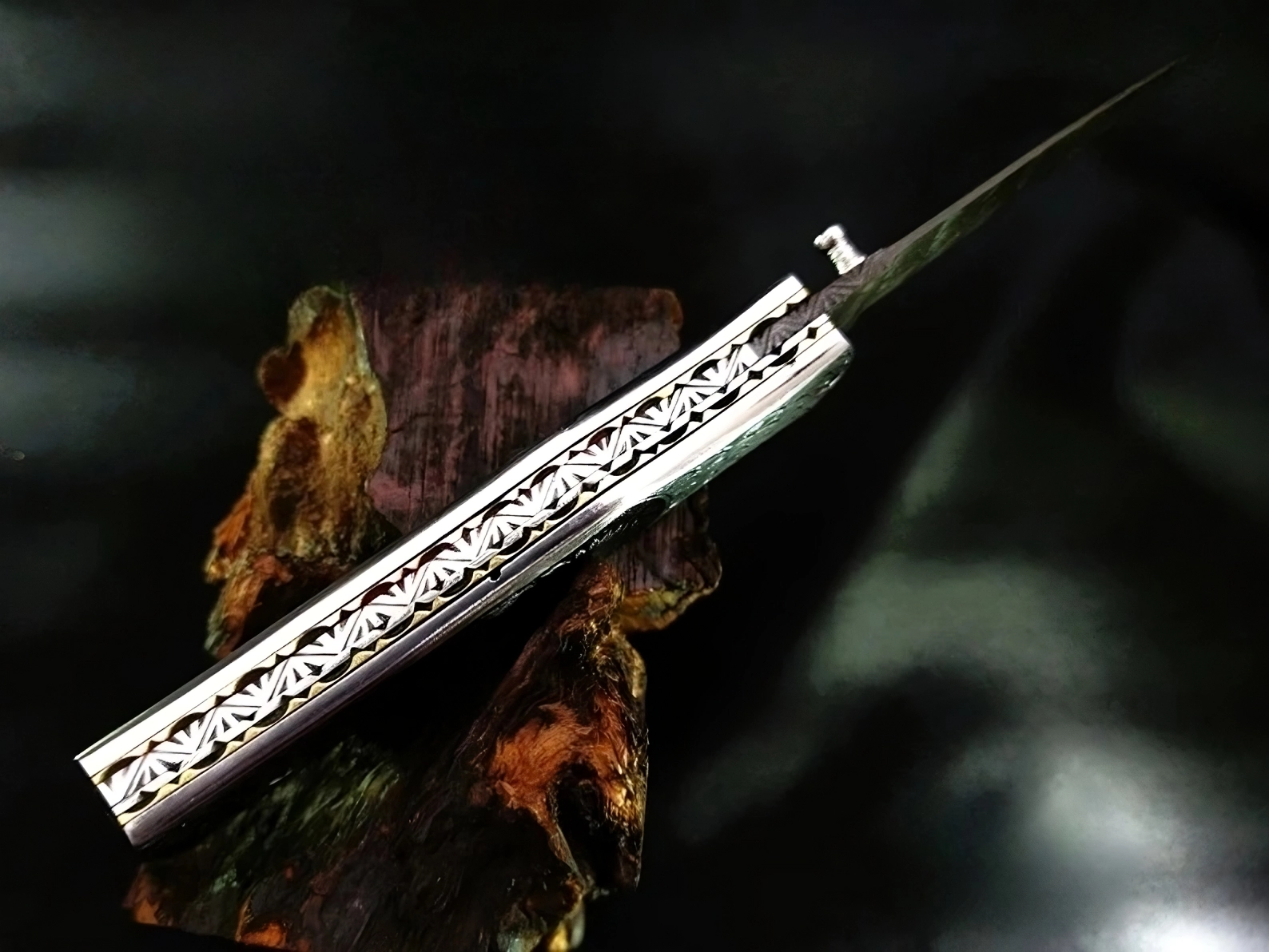 Hand Carved Native American Theme Damascus Steel Folding Pocket Knife - Viking Blade Crafts