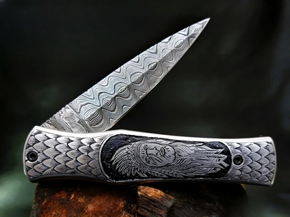Hand Carved Native American Theme Damascus Steel Folding Pocket Knife - Viking Blade Crafts