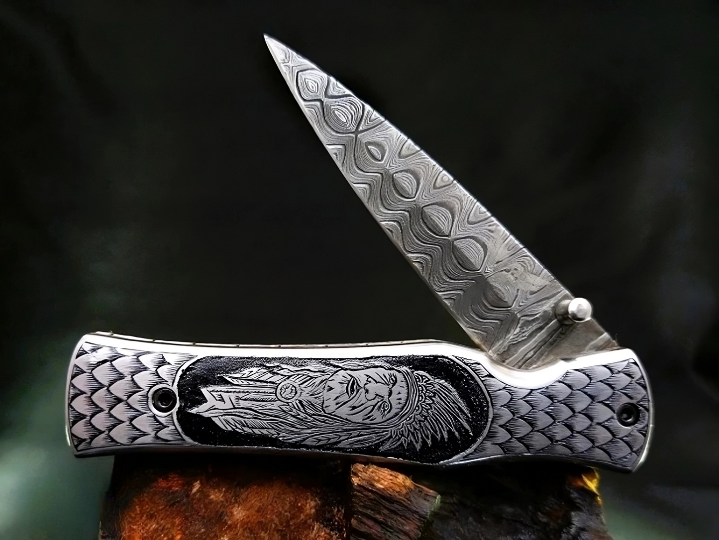 Hand Carved Native American Theme Damascus Steel Folding Pocket Knife - Viking Blade Crafts