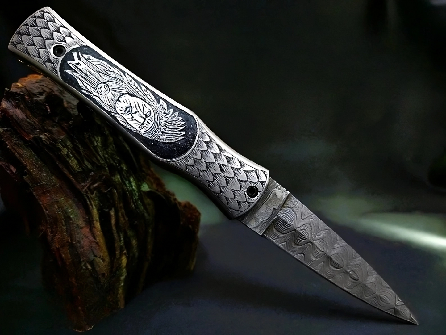 Hand Carved Native American Theme Damascus Steel Folding Pocket Knife - Viking Blade Crafts