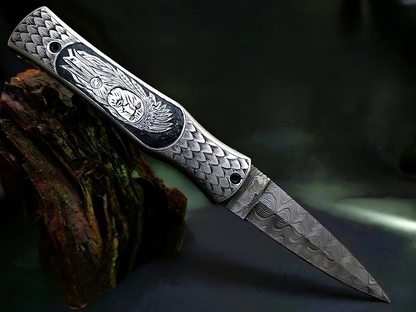 Hand Carved Native American Theme Damascus Steel Folding Pocket Knife - Viking Blade Crafts