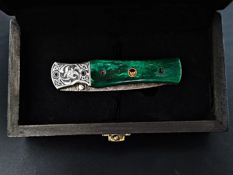 Forged Damascus Steel Blade Viking Rune Carved Handle Folding Knife
