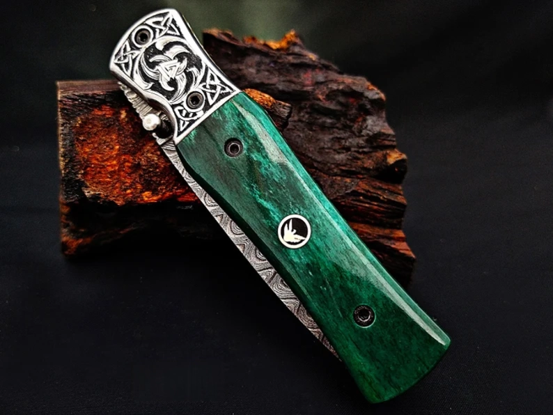 Forged Damascus Steel Blade Viking Rune Carved Handle Folding Knife