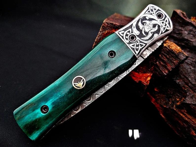 Forged Damascus Steel Blade Viking Rune Carved Handle Folding Knife