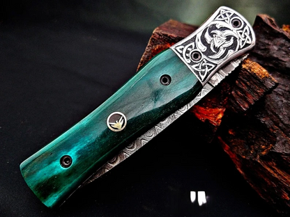 Forged Damascus Steel Blade Viking Rune Carved Handle Folding Knife