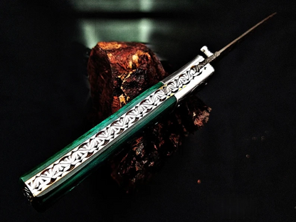 Forged Damascus Steel Blade Viking Rune Carved Handle Folding Knife