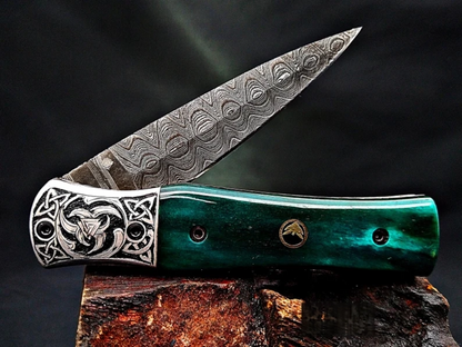 Forged Damascus Steel Blade Viking Rune Carved Handle Folding Knife