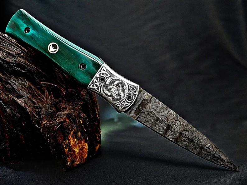 Forged Damascus Steel Blade Viking Rune Carved Handle Folding Knife