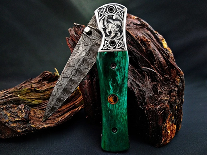 Forged Damascus Steel Blade Viking Rune Carved Handle Folding Knife
