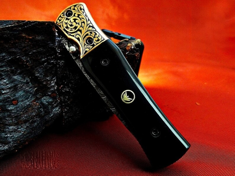 Ancient Carved Handle Damascus Pocket Knife – Handmade Bull Horn Handle - Viking Blade Crafts