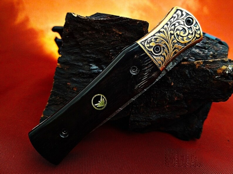 Ancient Carved Handle Damascus Pocket Knife – Handmade Bull Horn Handle - Viking Blade Crafts