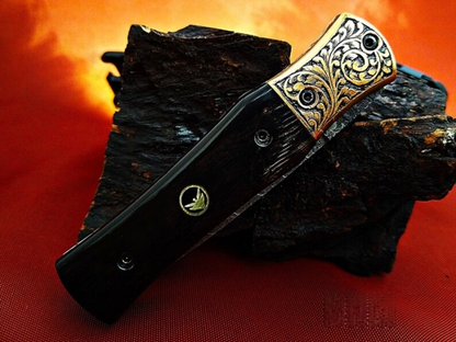 Ancient Carved Handle Damascus Pocket Knife – Handmade Bull Horn Handle - Viking Blade Crafts