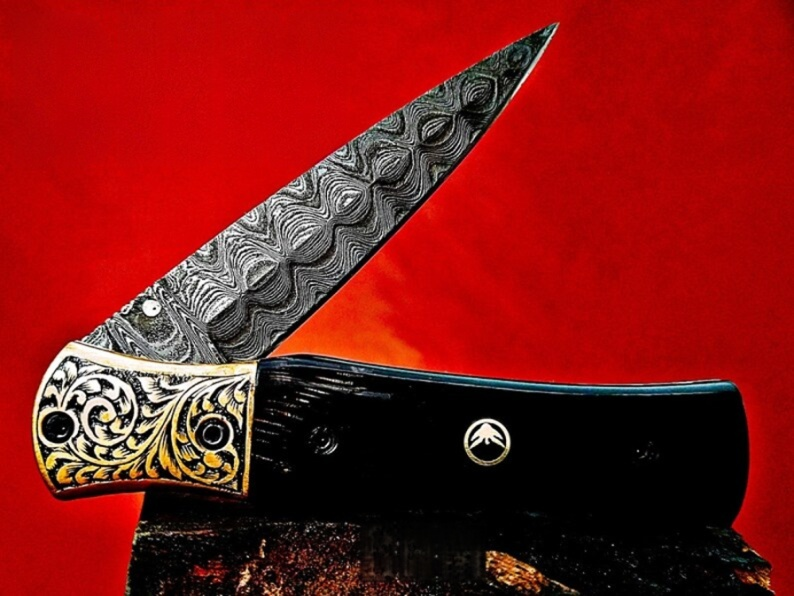 Ancient Carved Handle Damascus Pocket Knife – Handmade Bull Horn Handle - Viking Blade Crafts