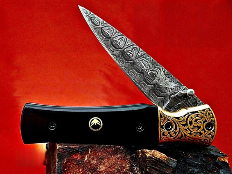 Ancient Carved Handle Damascus Pocket Knife – Handmade Bull Horn Handle - Viking Blade Crafts