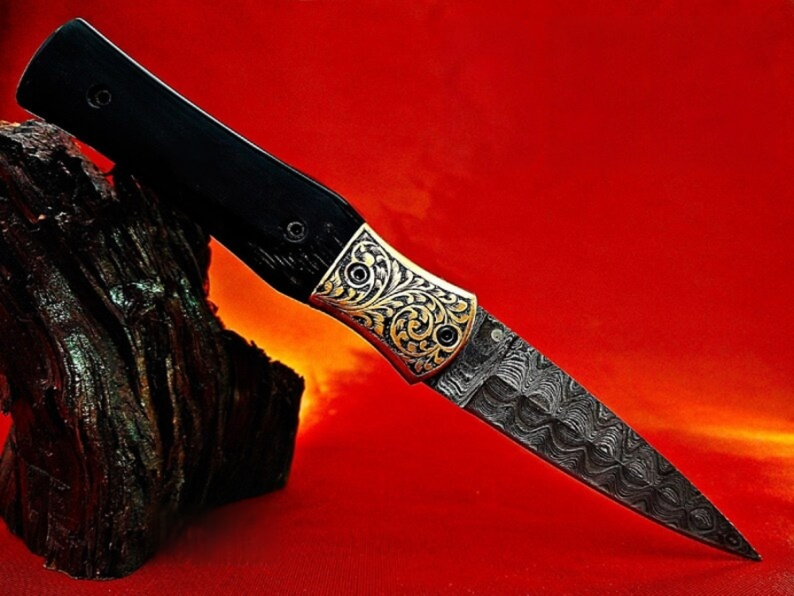 Ancient Carved Handle Damascus Pocket Knife – Handmade Bull Horn Handle - Viking Blade Crafts