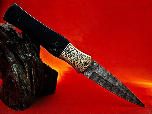 Ancient Carved Handle Damascus Pocket Knife – Handmade Bull Horn Handle