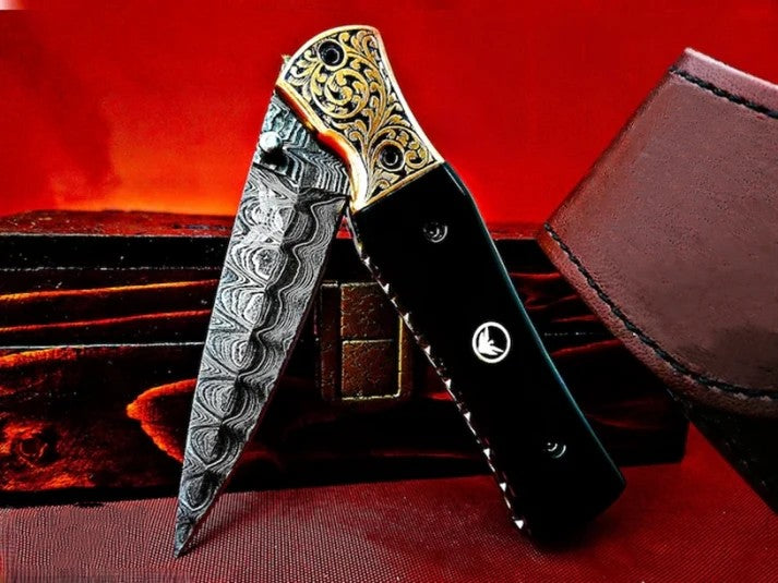 Ancient Carved Handle Damascus Pocket Knife – Handmade Bull Horn Handle - Viking Blade Crafts