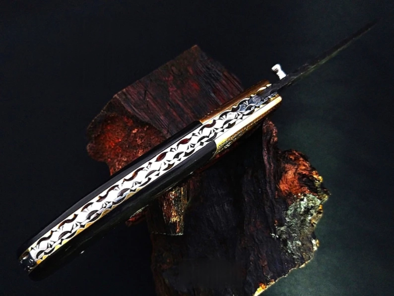 Viking Eagle Carved Damascus Pocket Knife with Bull Horn Handle - Viking Blade Crafts
