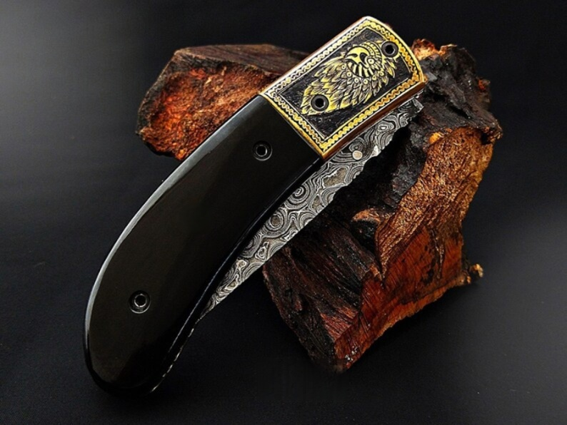 Viking Eagle Carved Damascus Pocket Knife with Bull Horn Handle - Viking Blade Crafts