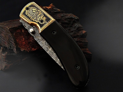 Viking Eagle Carved Damascus Pocket Knife with Bull Horn Handle - Viking Blade Crafts