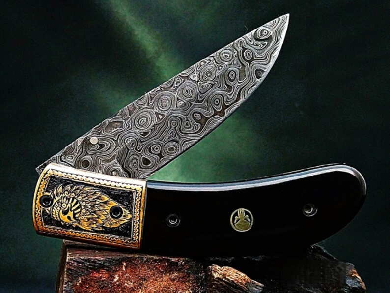 Viking Eagle Carved Damascus Pocket Knife with Bull Horn Handle - Viking Blade Crafts