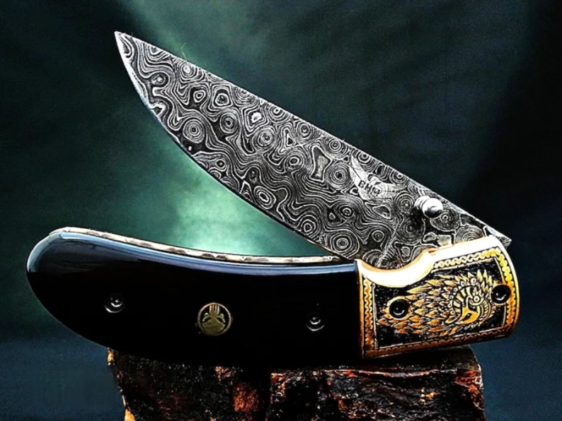 Viking Eagle Carved Damascus Pocket Knife with Bull Horn Handle - Viking Blade Crafts