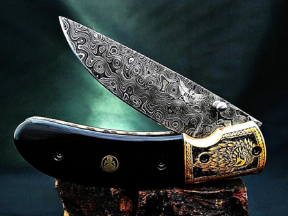 Viking Eagle Carved Damascus Pocket Knife with Bull Horn Handle - Viking Blade Crafts