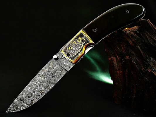 Viking Eagle Carved Damascus Pocket Knife with Bull Horn Handle