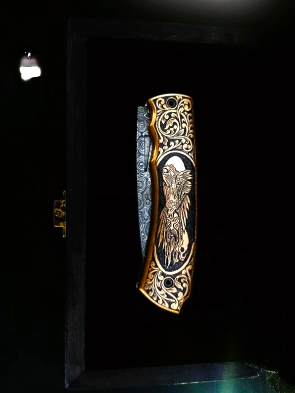 Handcrafted Damascus Steel Pocket knife – Viking Vidar Carved Handle - Viking Blade Crafts