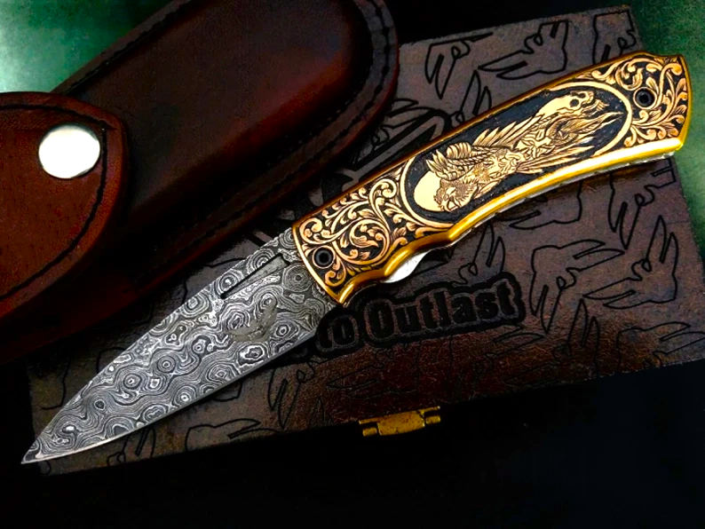 Handcrafted Damascus Steel Pocket knife – Viking Vidar Carved Handle - Viking Blade Crafts