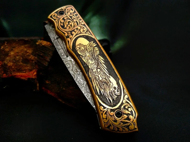 Handcrafted Damascus Steel Pocket knife – Viking Vidar Carved Handle - Viking Blade Crafts