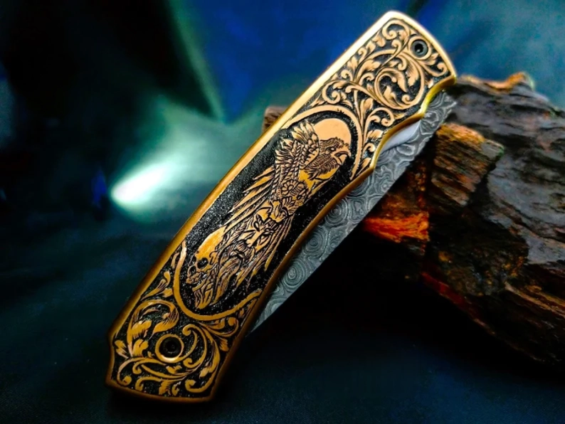 Handcrafted Damascus Steel Pocket knife – Viking Vidar Carved Handle - Viking Blade Crafts