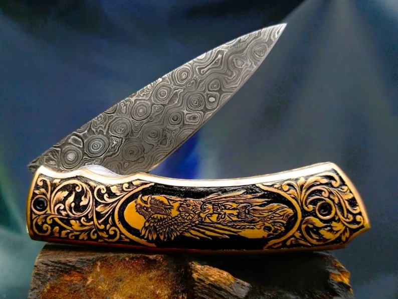 Handcrafted Damascus Steel Pocket knife – Viking Vidar Carved Handle - Viking Blade Crafts