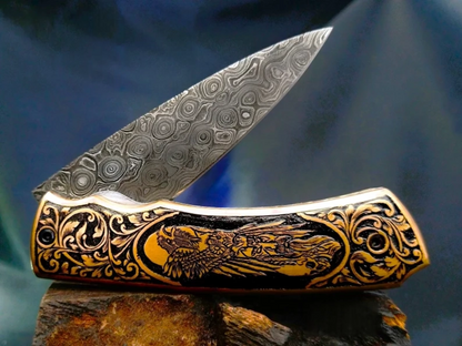 Handcrafted Damascus Steel Pocket knife – Viking Vidar Carved Handle - Viking Blade Crafts