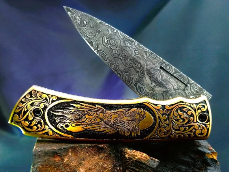 Handcrafted Damascus Steel Pocket knife – Viking Vidar Carved Handle - Viking Blade Crafts