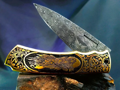 Handcrafted Damascus Steel Pocket knife – Viking Vidar Carved Handle - Viking Blade Crafts
