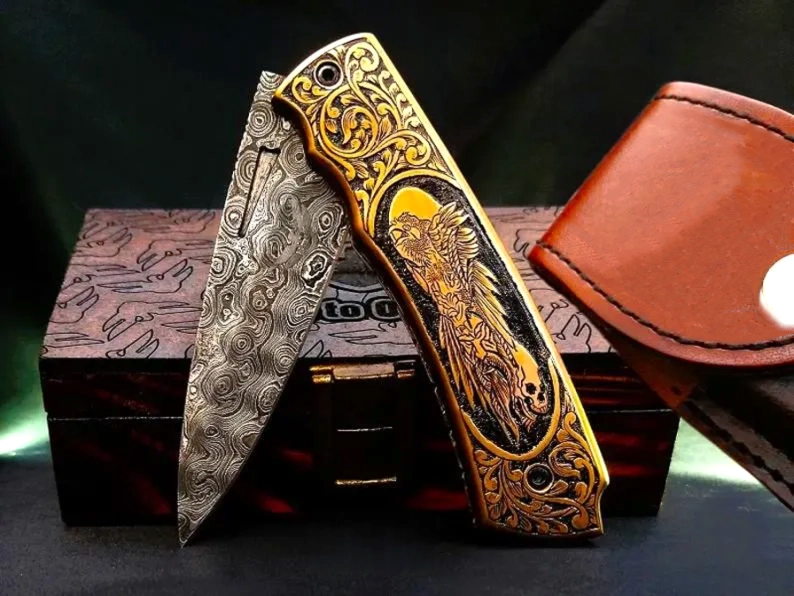 Handcrafted Damascus Steel Pocket knife – Viking Vidar Carved Handle - Viking Blade Crafts