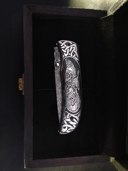 Handmade Damascus Folding Knife – Roman Commander Hand-Carved Handle