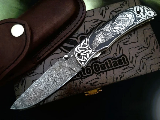 Handmade Damascus Folding Knife – Roman Commander Hand-Carved Handle