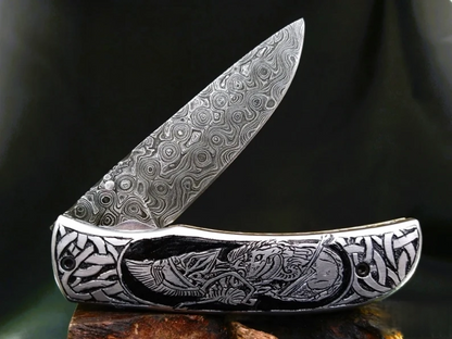 Handmade Damascus Folding Knife – Roman Commander Hand-Carved Handle