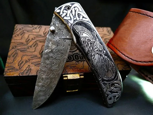 Handmade Damascus Folding Knife – Roman Commander Hand-Carved Handle