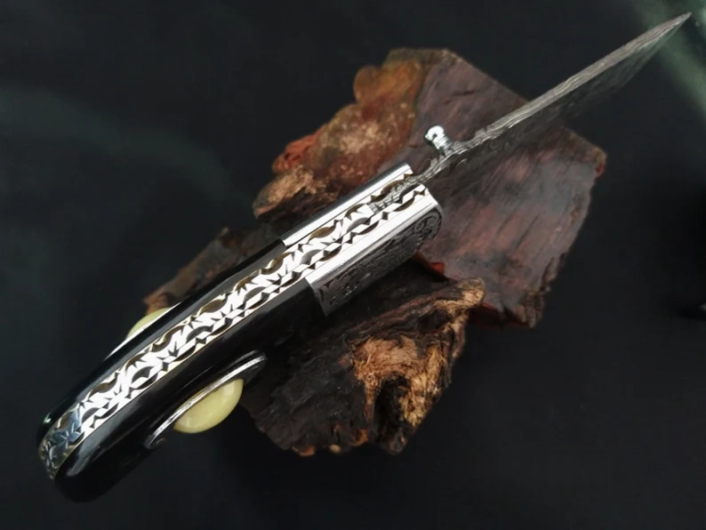 Odin Carved Bolster Damascus Knife with Premium Bull Horn Handle - Viking Blade Crafts