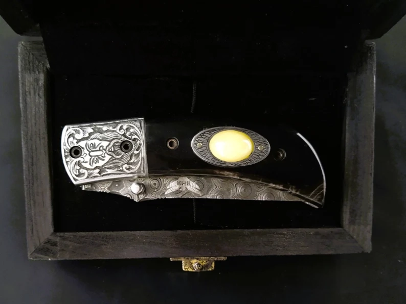 Odin Carved Bolster Damascus Knife with Premium Bull Horn Handle - Viking Blade Crafts