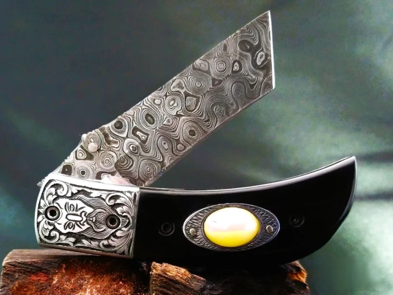 Odin Carved Bolster Damascus Knife with Premium Bull Horn Handle - Viking Blade Crafts