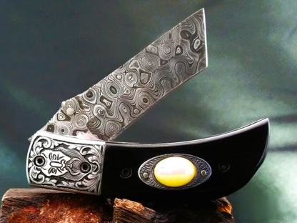 Odin Carved Bolster Damascus Knife with Premium Bull Horn Handle - Viking Blade Crafts