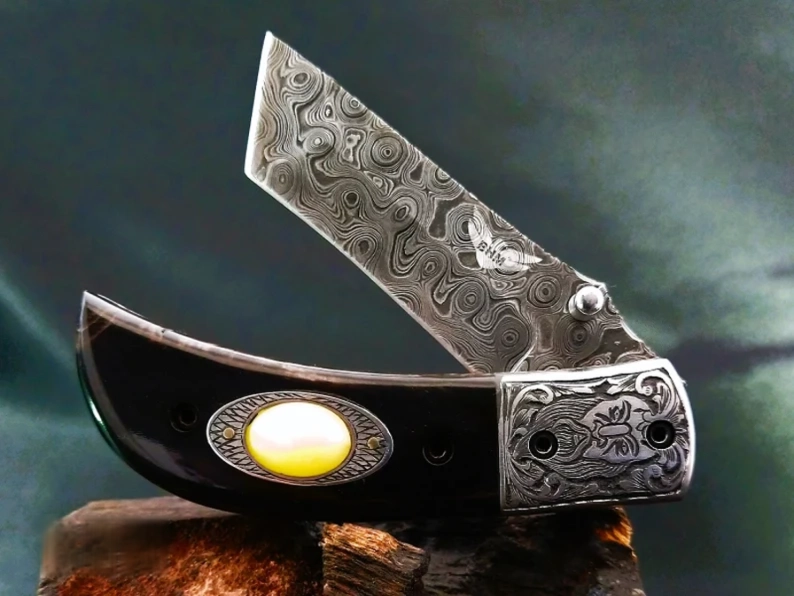 Odin Carved Bolster Damascus Knife with Premium Bull Horn Handle - Viking Blade Crafts