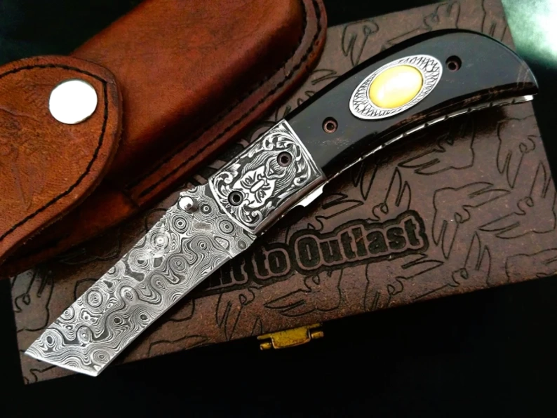 Odin Carved Bolster Damascus Knife with Premium Bull Horn Handle - Viking Blade Crafts