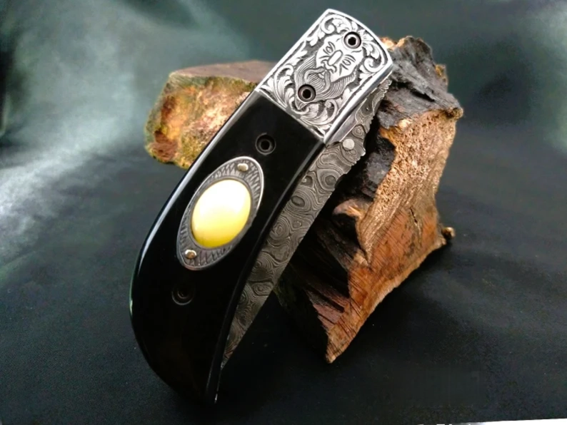 Odin Carved Bolster Damascus Knife with Premium Bull Horn Handle - Viking Blade Crafts